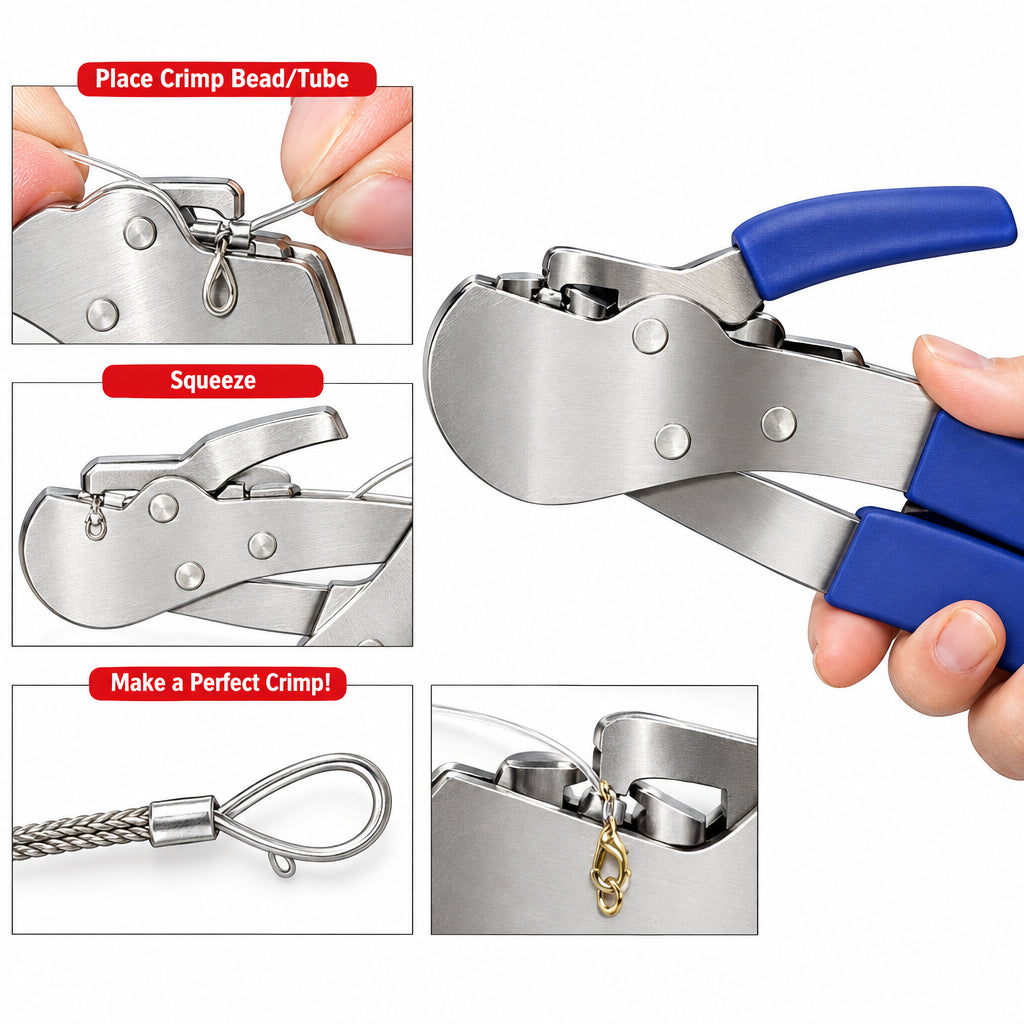 A hand using a 1 Step Crimper bead tying tool on a blue promotional graphic. The image includes the 'Bead Buddy' brand logo, instructional diagrams, and text highlighting the tool's ease of use.