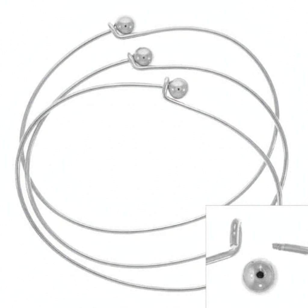 Three thin silver wire hoop bracelets with small polished ball charms, shown on a white background with a small inset detail view of the clasp.