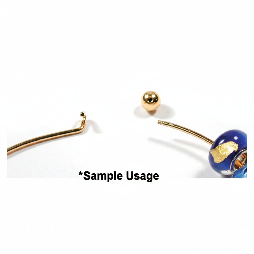 Gold-toned curved metal hook and straight post components with a blue glass bead featuring a gold leaf pattern, shown on a white background with the text '*Sample Usage' at the bottom.