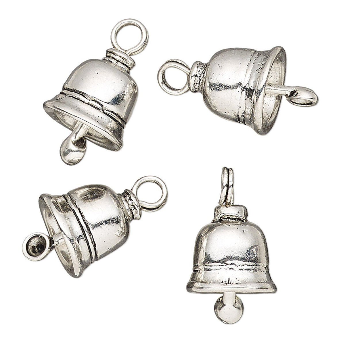 Four silver bell-shaped jewelry charms with hanging loops, shown from different angles on a plain white background.