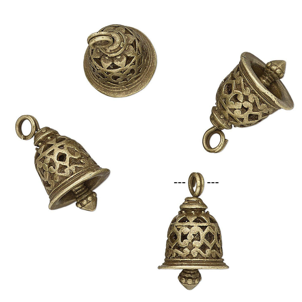 Four views of an ornate antique brass bell-shaped pendant charm with intricate filigree cutouts and a hanging loop, shown on a plain white background.