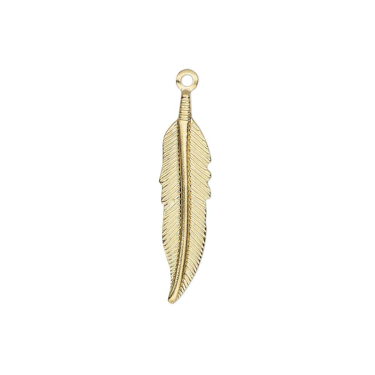 A single gold-colored metal feather charm with a textured barb pattern and a small hanging loop at the top, shown on a plain white background.