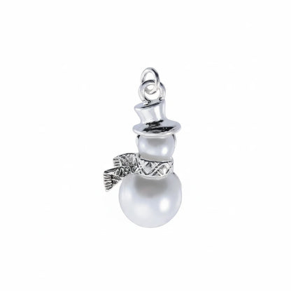 A snowman charm pendant made of silver-toned metal with a clear glass or acrylic body, a patterned scarf, and a top loop, shown on a plain light background.