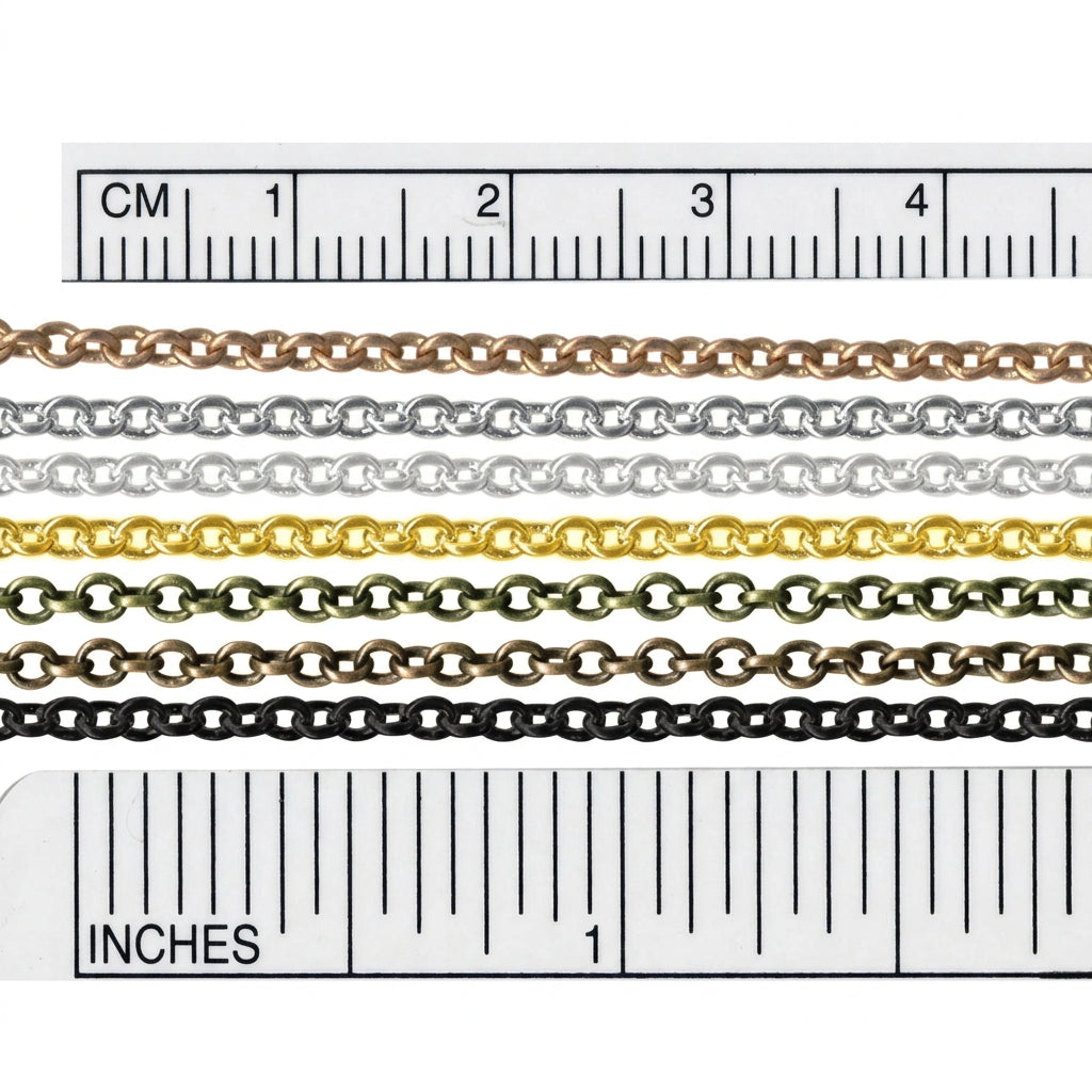 Gold, silver, and bronze chain necklaces with measurement scale in centimeters and inches.