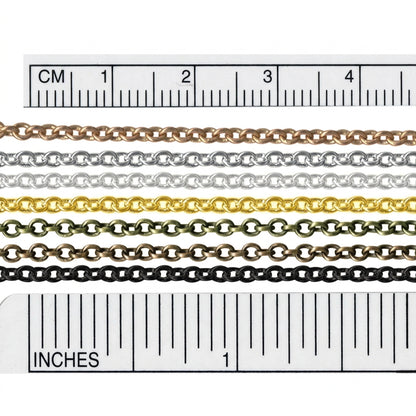 Gold, silver, and bronze chain necklaces with measurement scale in centimeters and inches.