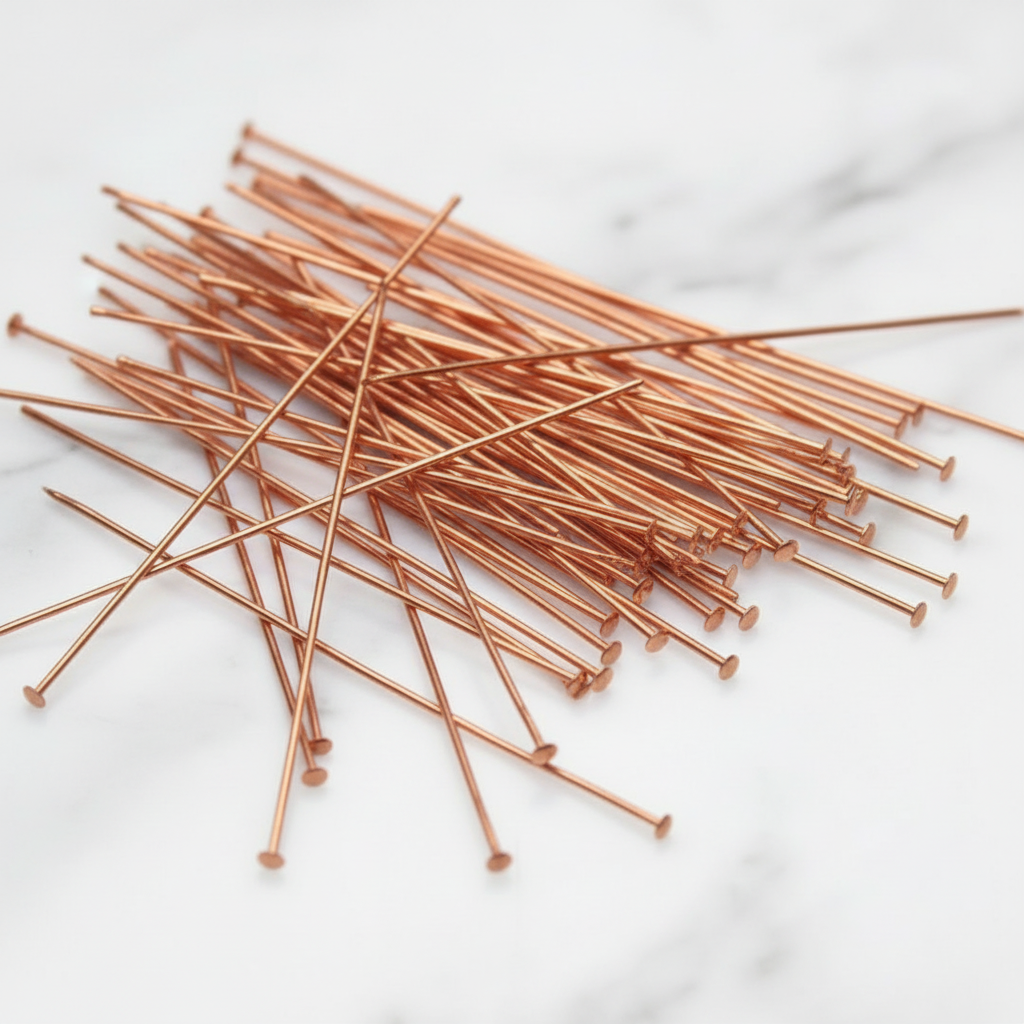 A pile of long, thin copper-colored metal pins with round flat ends, arranged on a white marble surface.