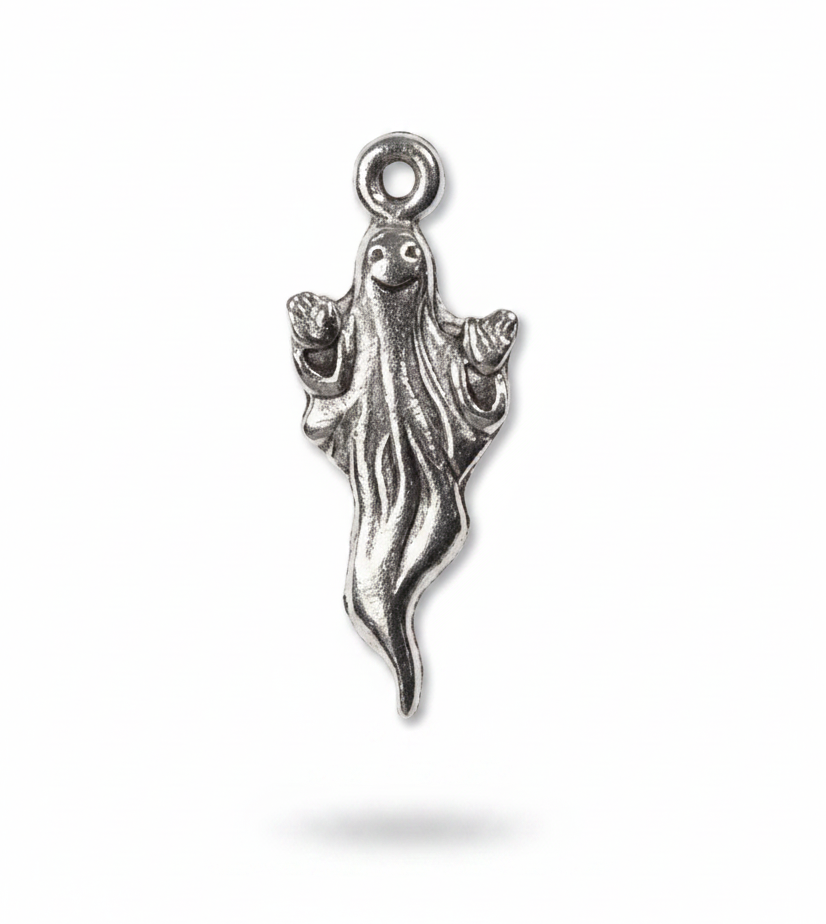 A small silver ghost-shaped charm pendant with a hanging loop at the top, shown centered on a plain white background with a soft shadow underneath.