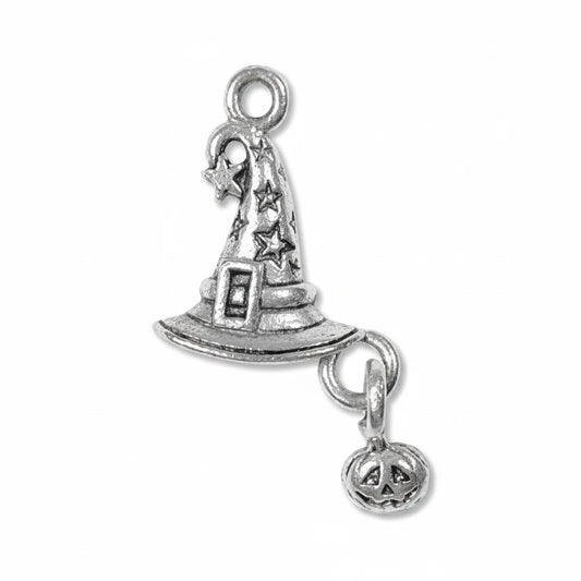 A silver-toned metal charm shaped like a witch's hat with a dangling jack-o'-lantern, shown on a plain white background.