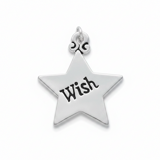 A sterling silver five-pointed star charm engraved with the word 'Wish' in black script, shown on a clean white background.