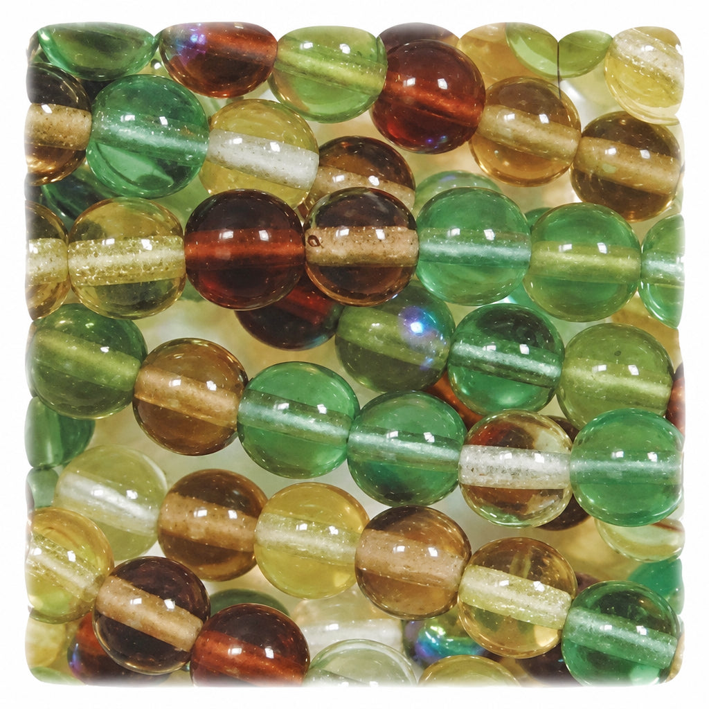 A close-up of translucent round beads in green, amber brown, and yellow tones, strung together and filling the frame.
