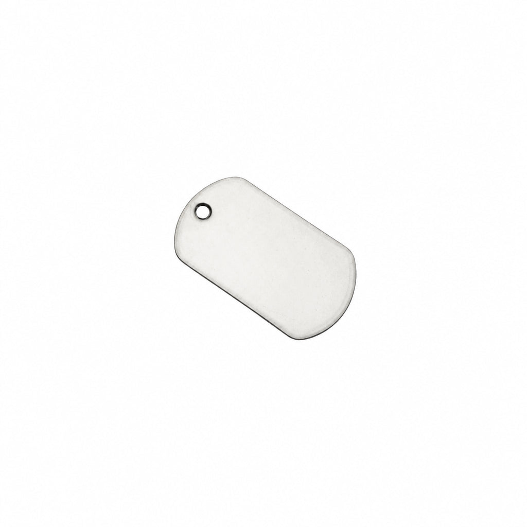 A blank, polished silver metal dog tag with a rounded rectangular shape and a small hanging loop on one corner, shown on a solid white background.