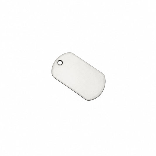 A blank, polished silver metal dog tag with a rounded rectangular shape and a small hanging loop on one corner, shown on a solid white background.