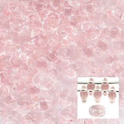 Pink rose quartz round seed beads with a small inset showing five double-ended beads on a metal wire and a single bead on a white background.