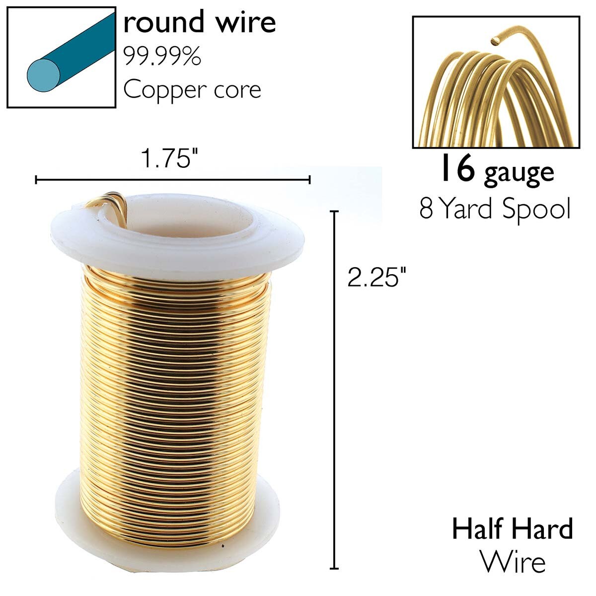 Beadsmith Tarnish Resistant Gold Round Wire, 16 Gauge, 8 Yards