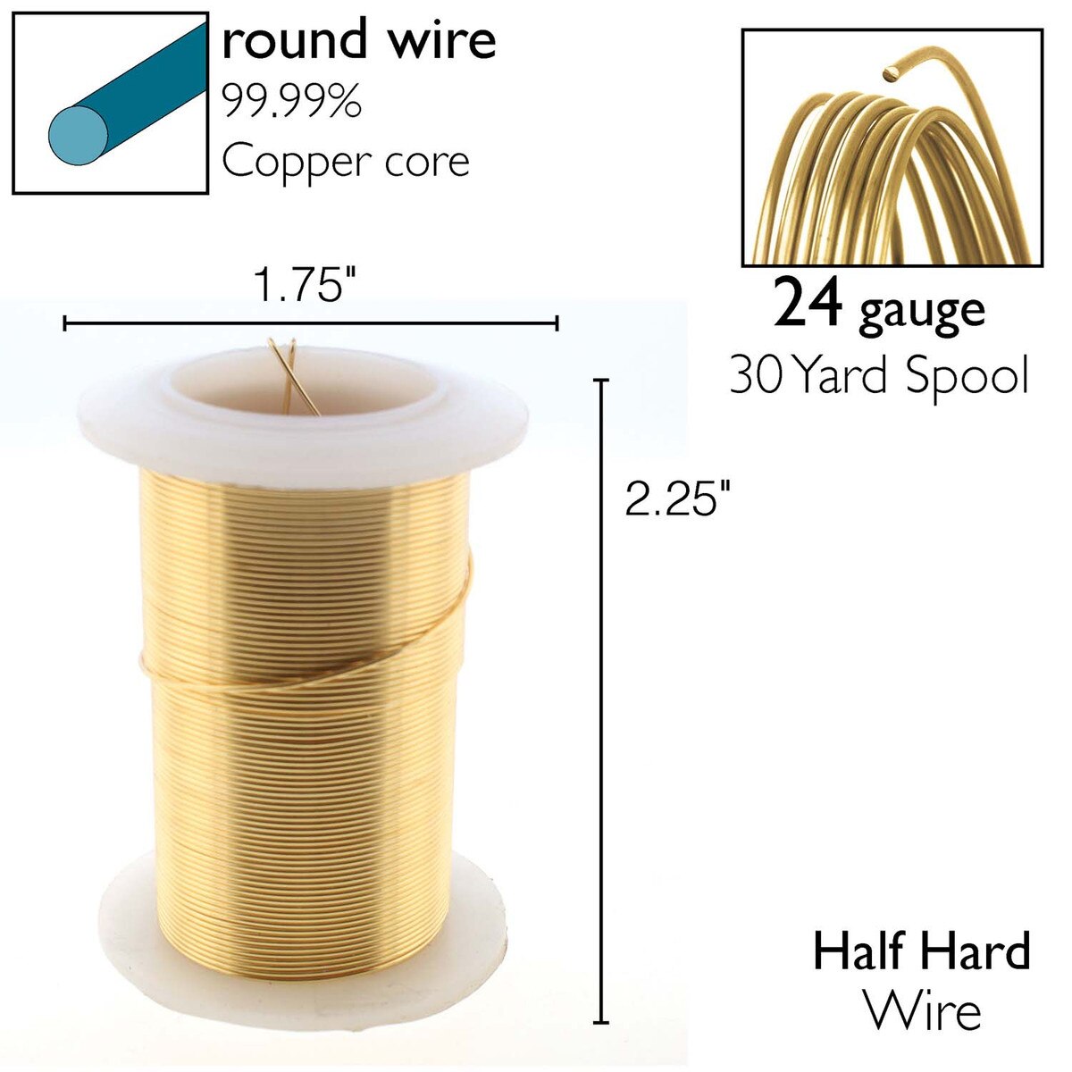 Beadsmith Tarnish Resistant Gold Round Wire, 24 Gauge, 30 Yards