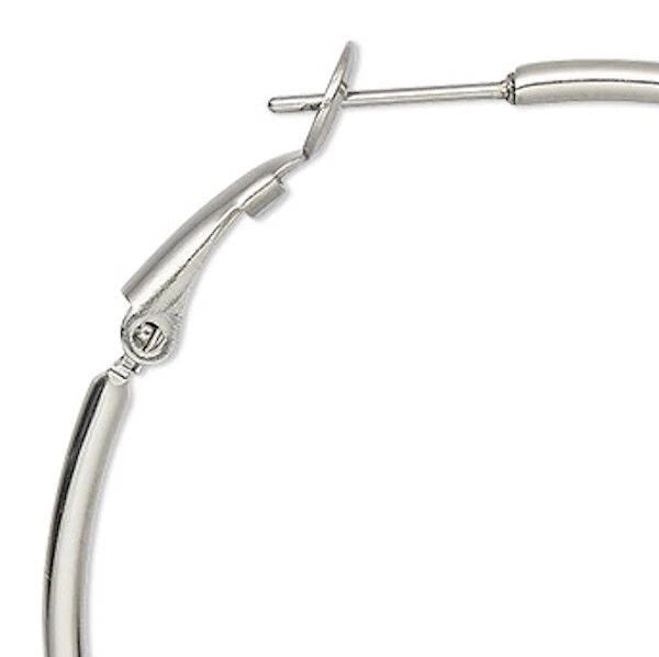 Close-up of a polished silver hoop earring showing the hinge clasp and post on a plain white background.