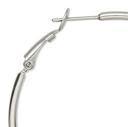 Close-up of a polished silver hoop earring showing the hinge clasp and post on a plain white background.