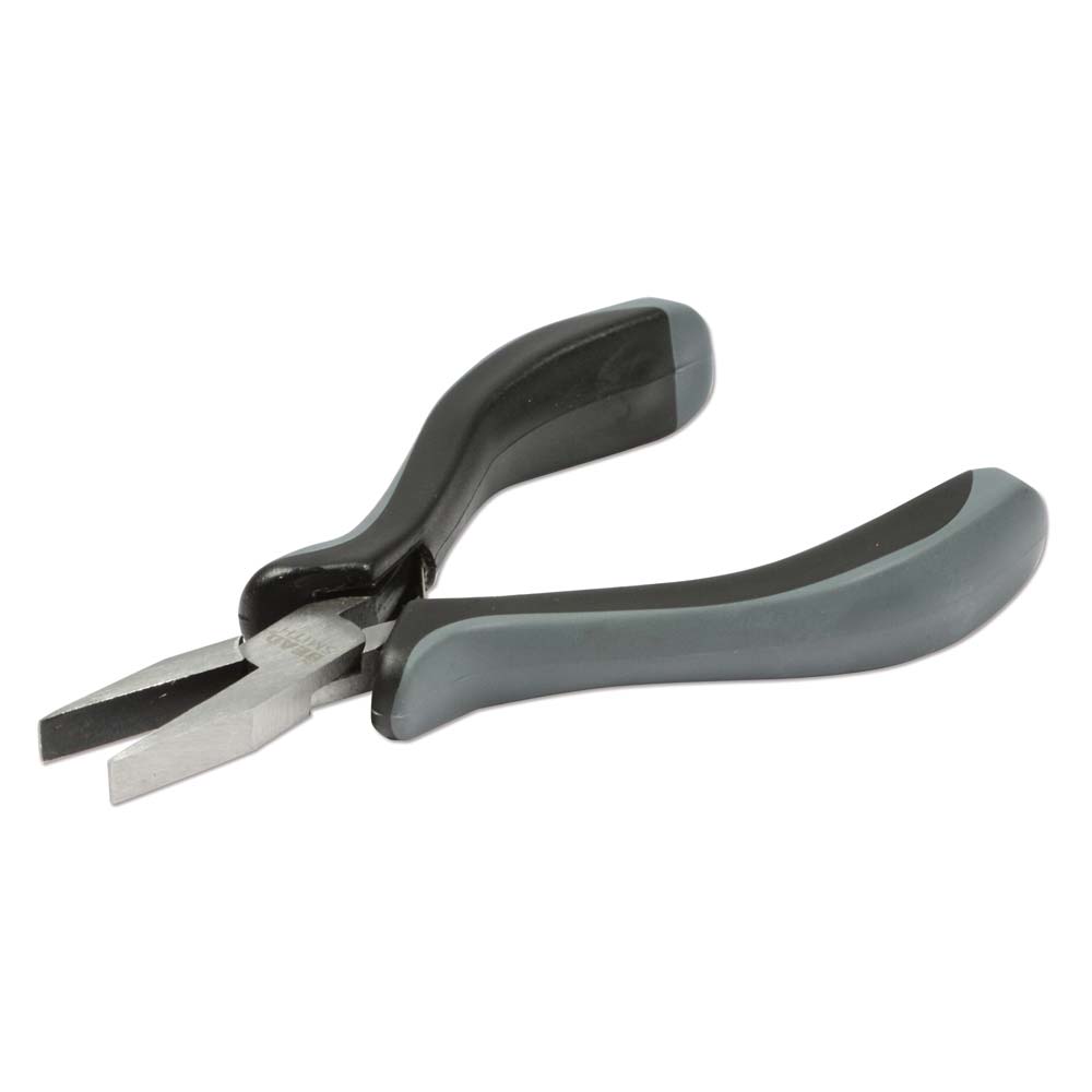 Flat nose pliers with black and gray handles and silver metal jaws, shown on a plain white background.