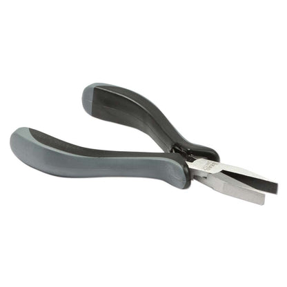 A pair of flat-nose pliers with gray molded handles and silver metal jaws, shown on a plain white background.