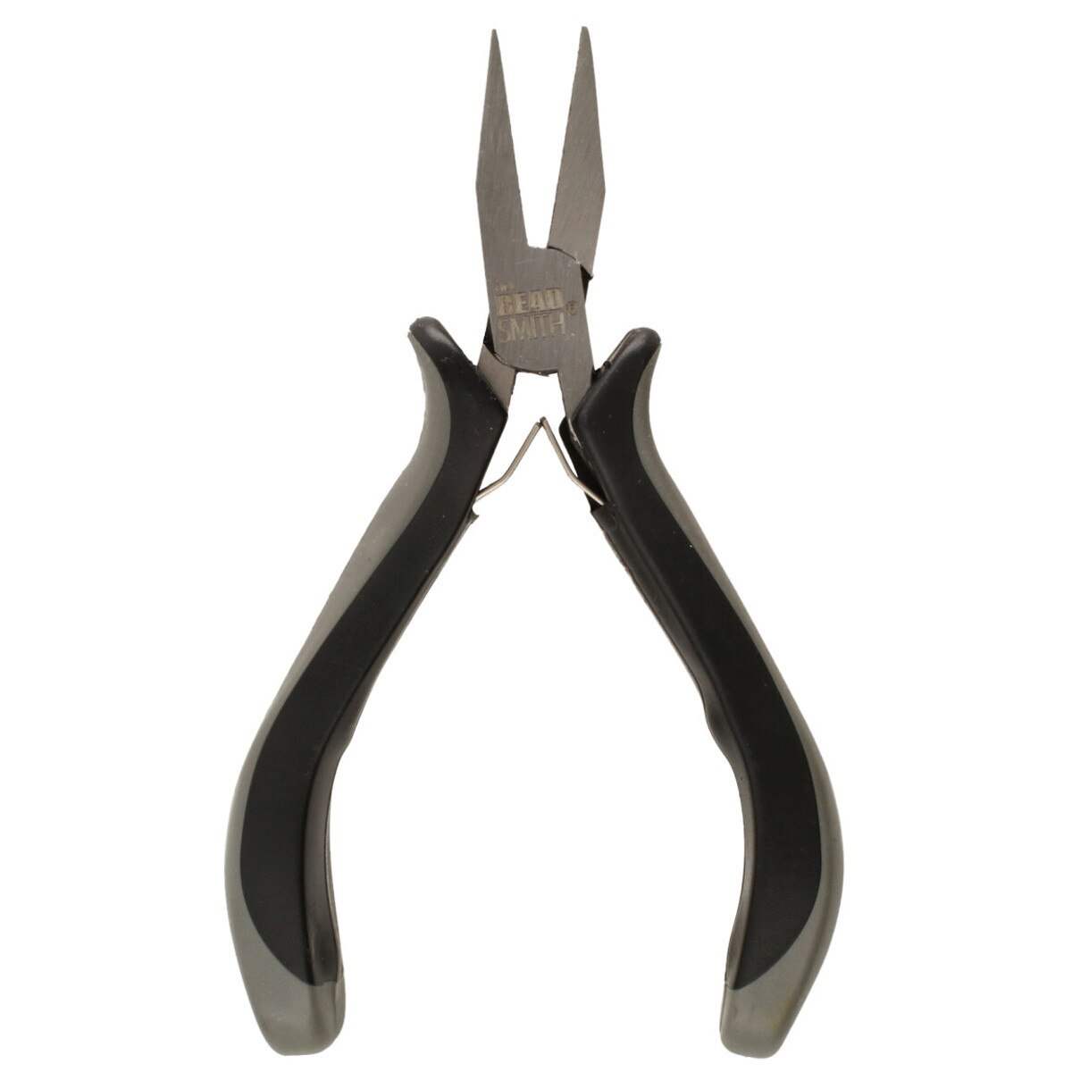 Needle nose pliers with black and gray handles and silver metal tips, shown against a plain white background.