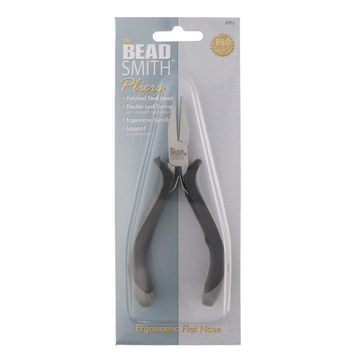 Bead Smith Pliers in retail packaging, featuring ergonomic flat nose pliers with black handles and silver metal jaws, set against a light gray background.