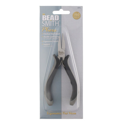 Bead Smith Pliers in retail packaging, featuring ergonomic flat nose pliers with black handles and silver metal jaws, set against a light gray background.
