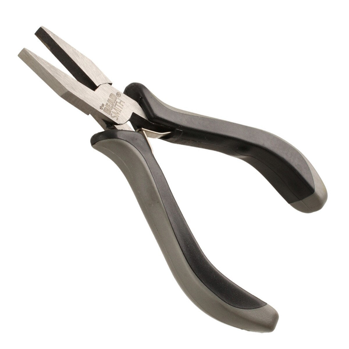 A pair of flat-nose pliers with black and gray molded handles and silver metal jaws, shown on a plain white background.
