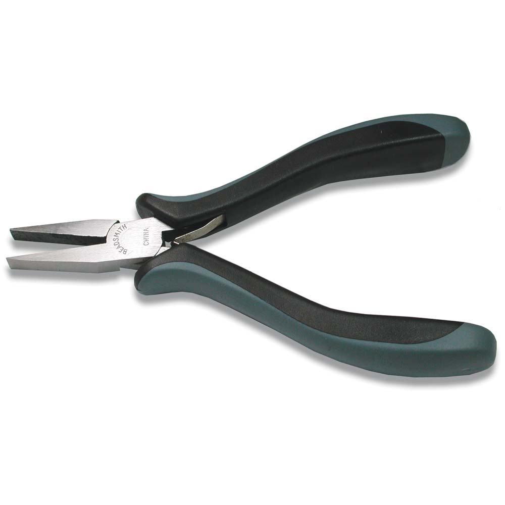 Flat nose pliers with dark green and black handles and silver metal blades, shown on a white background.
