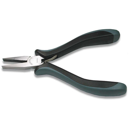 Flat nose pliers with dark green and black handles and silver metal blades, shown on a white background.