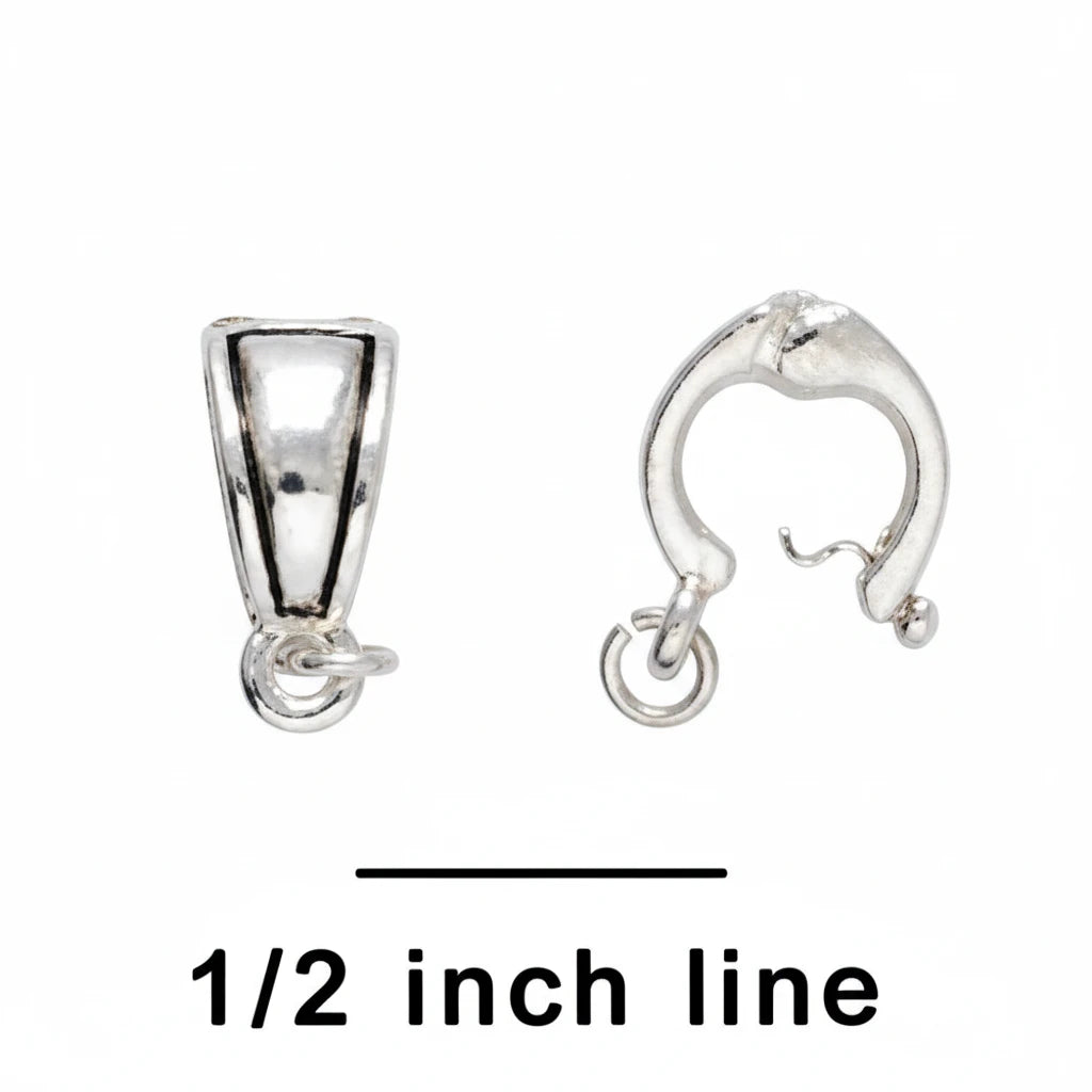 Two small silver jewelry findings on a blue textured background with a black scale line labeled '1/2 inch line'.