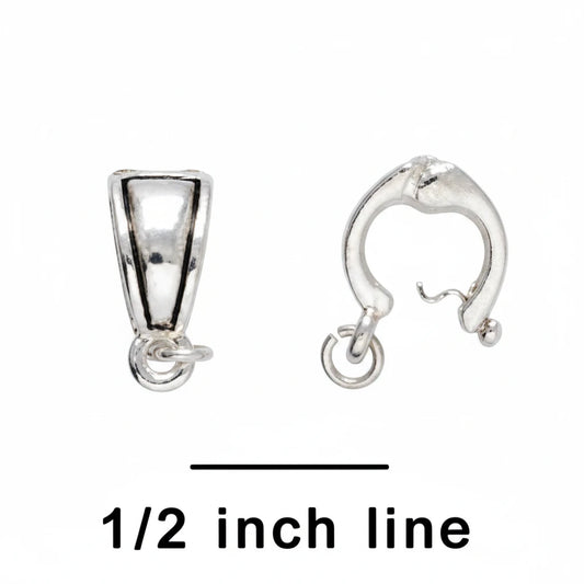Two small silver jewelry findings on a blue textured background with a black scale line labeled '1/2 inch line'.