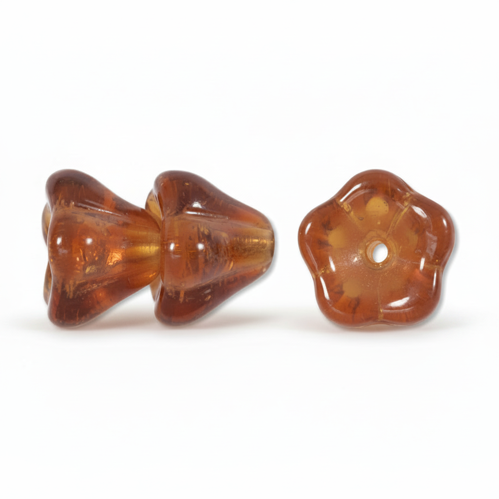 Two amber-brown translucent glass beads on a white background, one shown from the front and one from the top, both featuring a flared, ribbed design and a central hole.