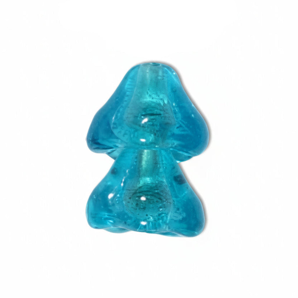 Two small translucent blue beads, one elongated and one flower-shaped, shown on a plain white background.