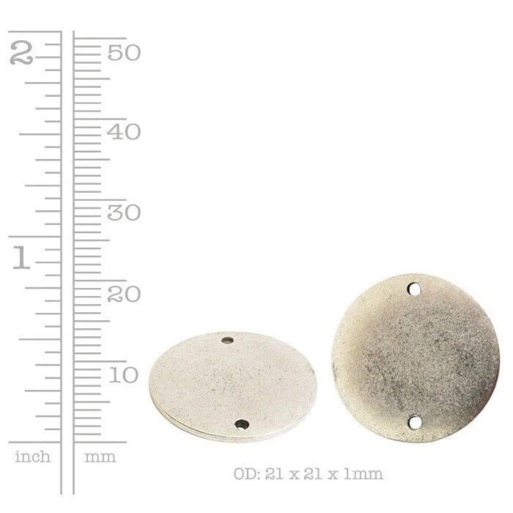 Two round metal hardware pieces with pre-drilled holes, shown next to a inch and millimeter ruler for scale, with text indicating OD 21 x 21 x 1mm.