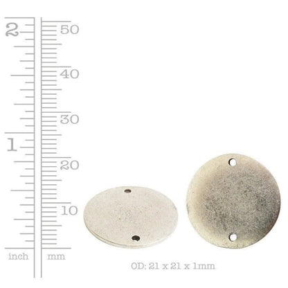 Two round metal hardware pieces with pre-drilled holes, shown next to a inch and millimeter ruler for scale, with text indicating OD 21 x 21 x 1mm.
