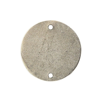 A round, textured gray metal disc with two pre-drilled holes, one at the top and one at the bottom, shown on a plain white background.