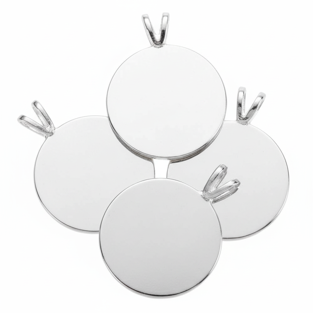 Four blank round silver pendants with bail loops, arranged in a fan-like cluster on a solid white background.