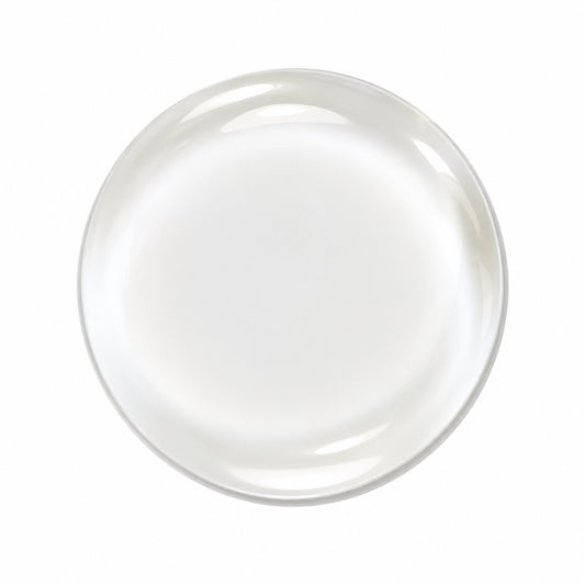 A single round, translucent white glass cabochon with a smooth, glossy finish, shown from a top-down perspective on a solid white background.