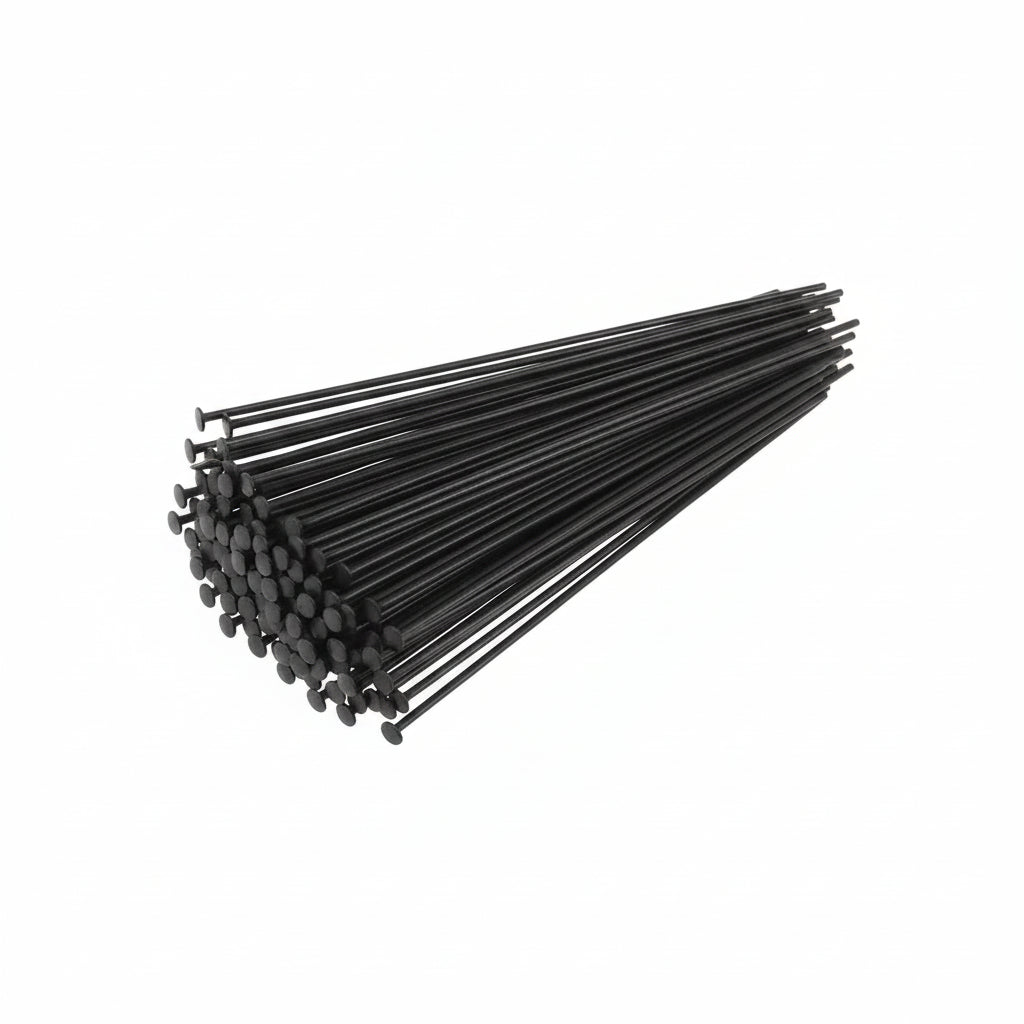 A pack of black metal HEAD PINS with flat heads, fanned out against a solid white background.