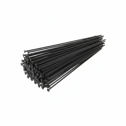 A pack of black metal HEAD PINS with flat heads, fanned out against a solid white background.