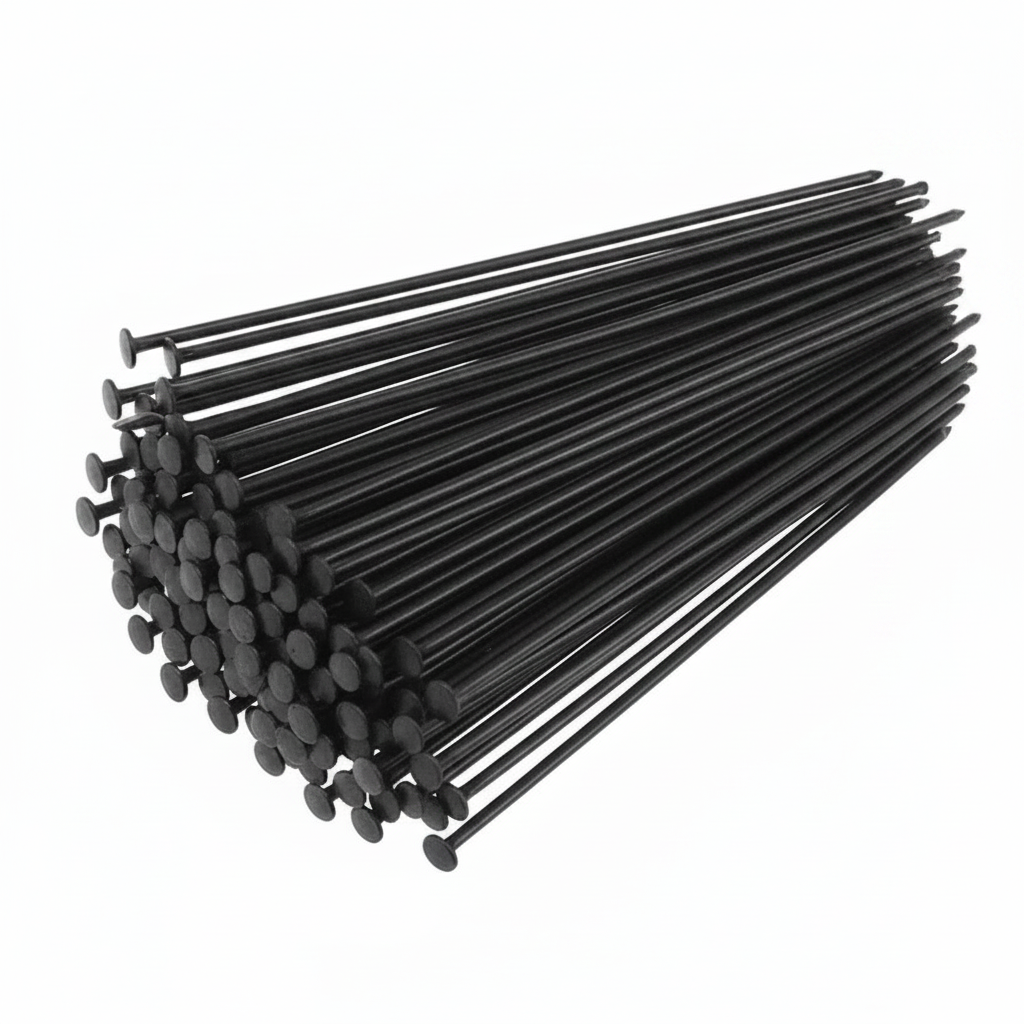 A bundle of black pins with round heads, arranged diagonally on a plain white background.