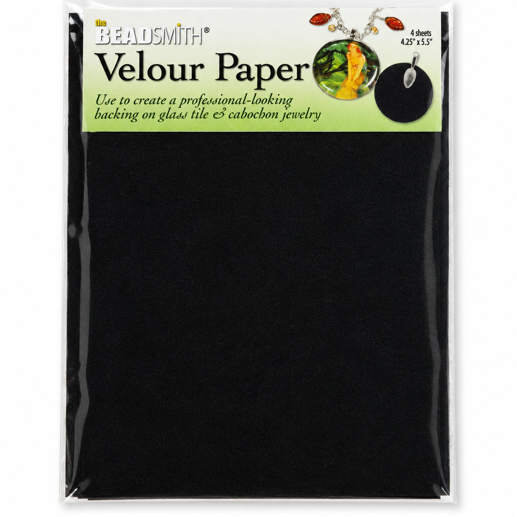 A package of Beadsmith Velour Paper, size 4 x 12 x 12 inches, featuring a black sheet of craft paper inside a clear plastic sleeve with a white and green header card.