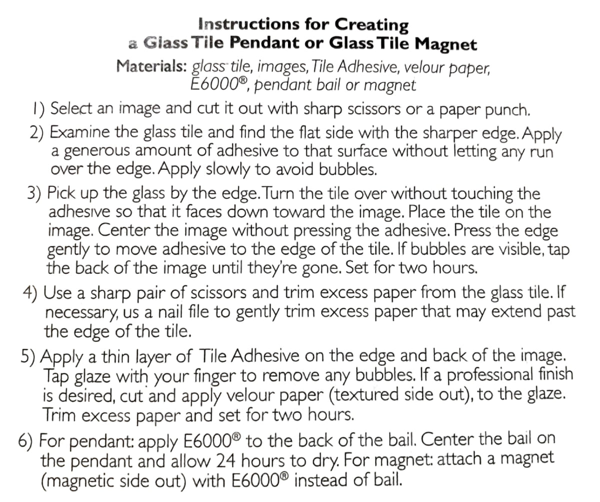 Instruction sheet detailing how to create a glass tile pendant or glass tile magnet, featuring numbered steps from 1 to 6 on a light beige background.