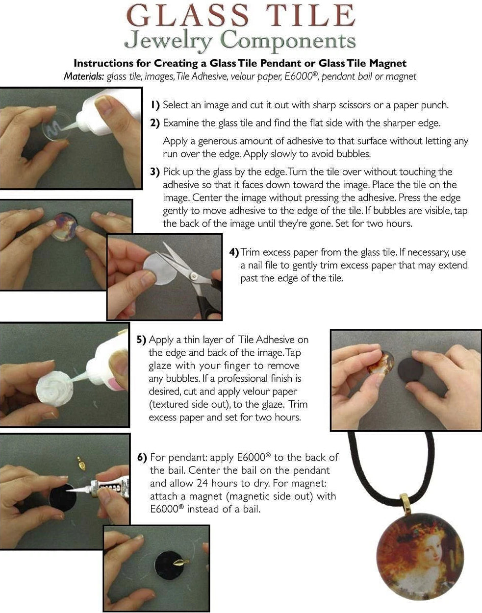 Instruction sheet for BeadSmith Glass Tile Jewelry Components, showing step-by-step guidance with photos of hands applying adhesive and placing glass tile pieces on a white background.