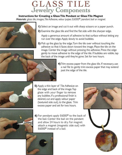 Instruction sheet for BeadSmith Glass Tile Jewelry Components, showing step-by-step guidance with photos of hands applying adhesive and placing glass tile pieces on a white background.