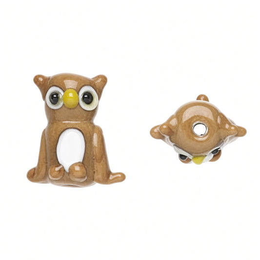 Lampwork Glass Owl Beads, Brown/Black/White, 19x17mm, 4 pcs