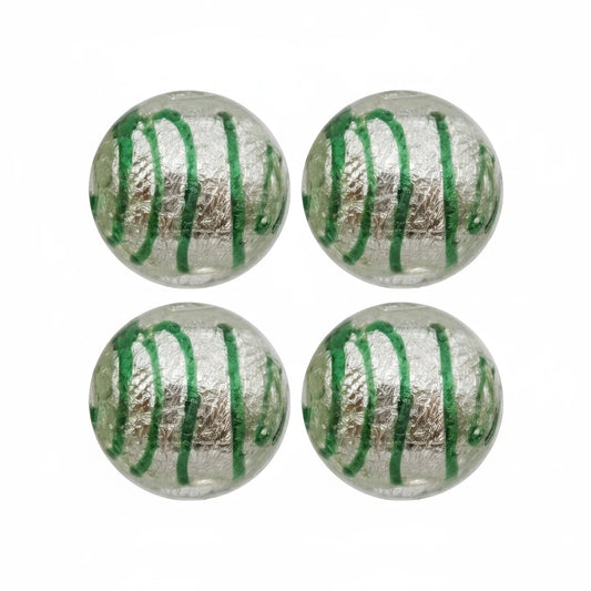 Lampwork Glass Round Beads, Green Striped Clear with Silver Foil, 10mm, 1 strand