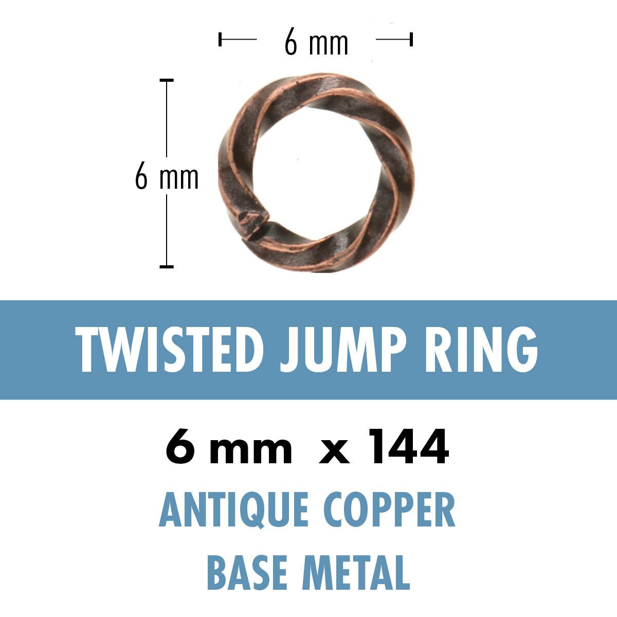 A product graphic showing a twisted jump ring with dimension labels of 6 mm, plus text reading 'TWISTED JUMP RING', '6 mm x 144', and 'ANTIQUE COPPER BASE METAL' on a white background with a blue banner.