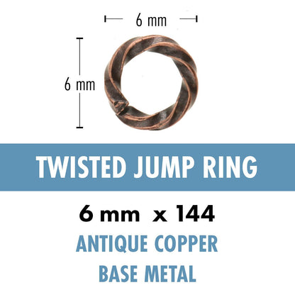A product graphic showing a twisted jump ring with dimension labels of 6 mm, plus text reading 'TWISTED JUMP RING', '6 mm x 144', and 'ANTIQUE COPPER BASE METAL' on a white background with a blue banner.