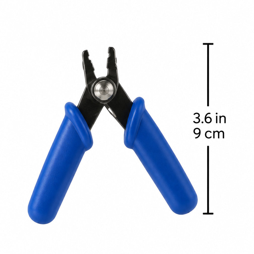 Small blue-handled wire cutting pliers shown resting on a gray hand silhouette with a measurement marker indicating 3.6 in (9 cm) height, on a white background.